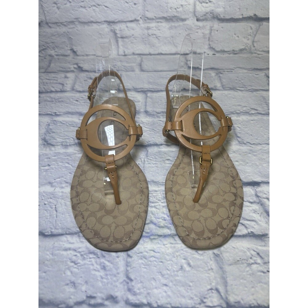 Coach Jeri Logo Genuine Leather Sandals Flats Thong Strappy Tan Sz 9 Eur 39.5 - Picture 2 of 9